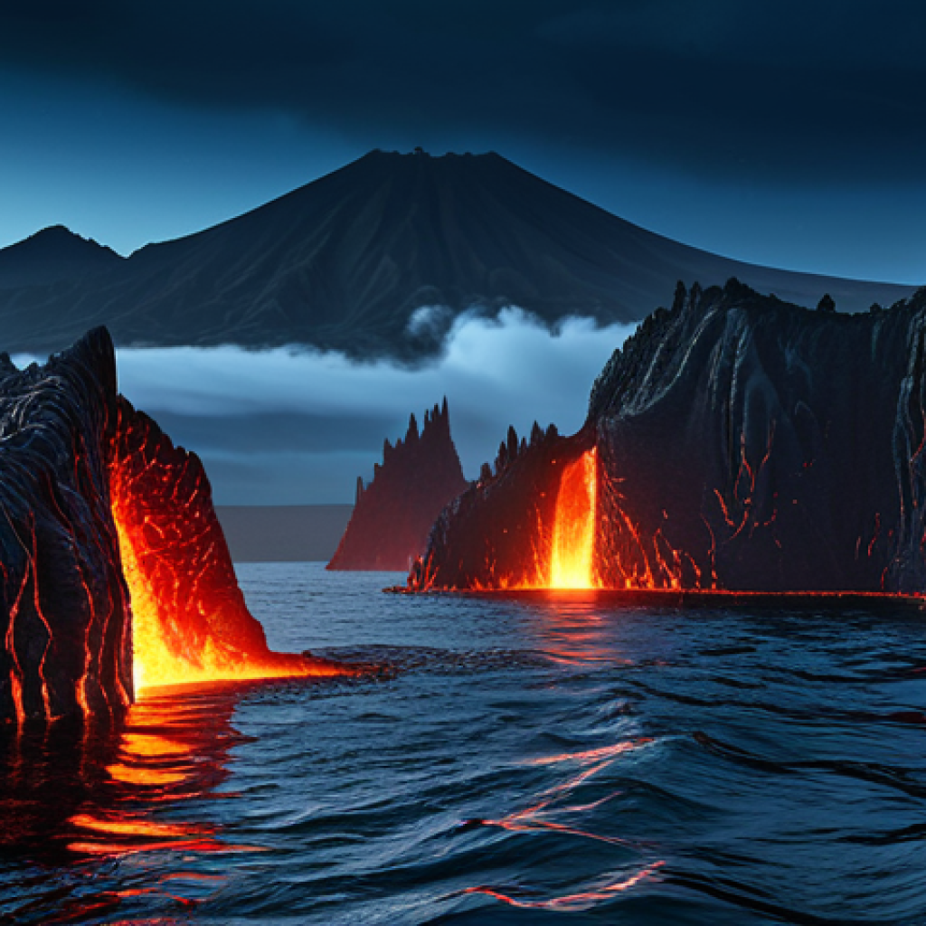 A breathtaking deep-ocean scene depicting the geological formation of a mid-oceanic ridge. Massive tectonic plates are slowly separating, revealing deep fissures where molten magma subtly glows beneath the frigid water. The magma rapidly cools, forming distinctive, bulbous pillow lavas that build new seafloor structures. The environment is dark and mysterious, illuminated only by the faint light of the volcanic activity. This is a scientific illustration style, high-resolution, professional quality, ultra-realistic. safe for work, appropriate content, fully clothed, modest, family-friendly, perfect anatomy, correct proportions, natural pose, well-formed hands, proper finger count, natural body proportions.