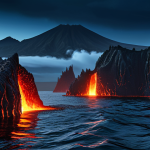 A breathtaking deep-ocean scene depicting the geological formation of a mid-oceanic ridge. Massive tectonic plates are slowly separating, revealing deep fissures where molten magma subtly glows beneath the frigid water. The magma rapidly cools, forming distinctive, bulbous pillow lavas that build new seafloor structures. The environment is dark and mysterious, illuminated only by the faint light of the volcanic activity. This is a scientific illustration style, high-resolution, professional quality, ultra-realistic. safe for work, appropriate content, fully clothed, modest, family-friendly, perfect anatomy, correct proportions, natural pose, well-formed hands, proper finger count, natural body proportions.