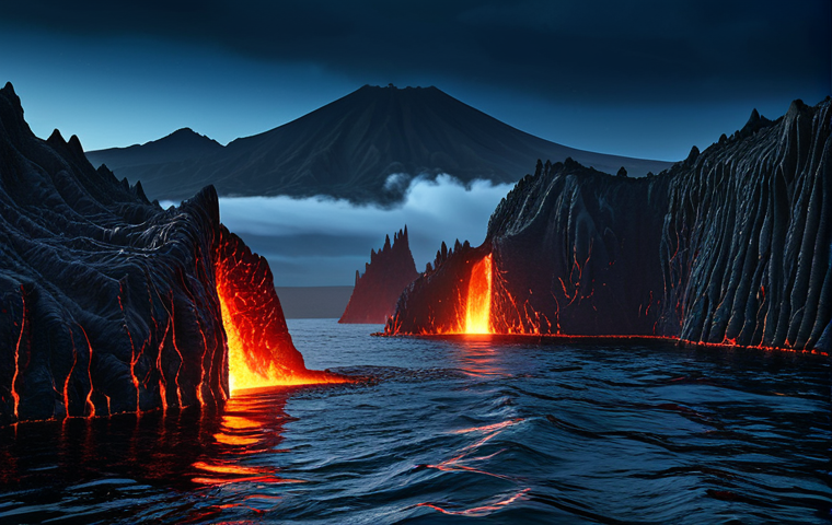 A breathtaking deep-ocean scene depicting the geological formation of a mid-oceanic ridge. Massive tectonic plates are slowly separating, revealing deep fissures where molten magma subtly glows beneath the frigid water. The magma rapidly cools, forming distinctive, bulbous pillow lavas that build new seafloor structures. The environment is dark and mysterious, illuminated only by the faint light of the volcanic activity. This is a scientific illustration style, high-resolution, professional quality, ultra-realistic. safe for work, appropriate content, fully clothed, modest, family-friendly, perfect anatomy, correct proportions, natural pose, well-formed hands, proper finger count, natural body proportions.