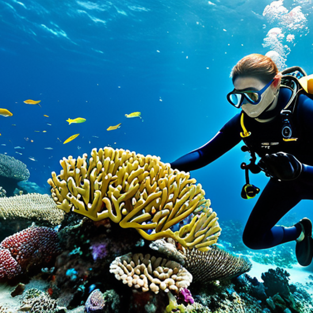 A professional female marine biologist in a modest, specialized diving suit, gently observing vibrant coral reefs and diverse fish species underwater. The scene is illuminated by natural light filtering through the clear ocean, with a subtle high-tech research drone or sensor nearby. The image emphasizes the rich biodiversity and delicate balance of the marine ecosystem. Perfect anatomy, correct proportions, natural pose, well-formed hands, proper finger count. Professional photography, high detail, high quality, safe for work, appropriate content, fully clothed, family-friendly.