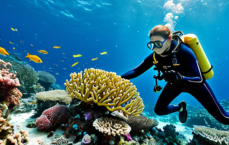 A professional female marine biologist in a modest, specialized diving suit, gently observing vibrant coral reefs and diverse fish species underwater. The scene is illuminated by natural light filtering through the clear ocean, with a subtle high-tech research drone or sensor nearby. The image emphasizes the rich biodiversity and delicate balance of the marine ecosystem. Perfect anatomy, correct proportions, natural pose, well-formed hands, proper finger count. Professional photography, high detail, high quality, safe for work, appropriate content, fully clothed, family-friendly.