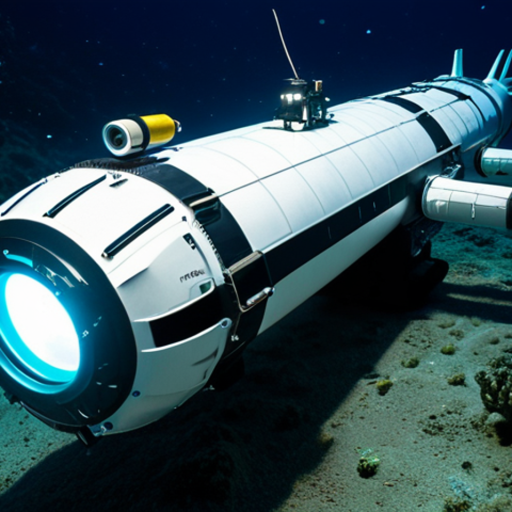 Deep Sea Exploration Vehicle**

"An advanced Autonomous Underwater Vehicle (AUV) exploring a deep sea hydrothermal vent. The AUV is equipped with lights and sensors, surveying unique deep-sea creatures. Background: dark ocean environment with bioluminescent organisms. fully clothed, professional, perfect anatomy, safe for work, appropriate content, family-friendly, high quality."

**