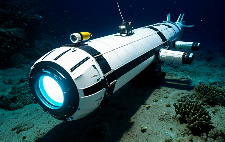 Deep Sea Exploration Vehicle**

"An advanced Autonomous Underwater Vehicle (AUV) exploring a deep sea hydrothermal vent. The AUV is equipped with lights and sensors, surveying unique deep-sea creatures. Background: dark ocean environment with bioluminescent organisms. fully clothed, professional, perfect anatomy, safe for work, appropriate content, family-friendly, high quality."

**