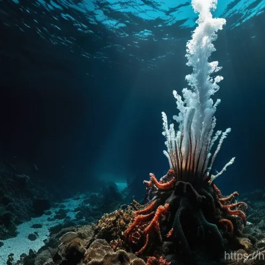 심해 열수구 생물 탐사 - **Prompt for a Black Smoker Vent:**
    "A dramatic, hyper-realistic underwater scene depicting a to...
