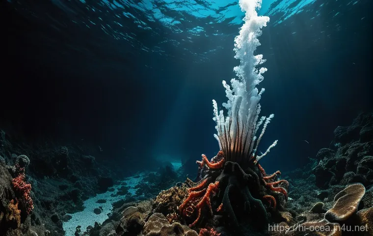 심해 열수구 생물 탐사 - **Prompt for a Black Smoker Vent:**
    "A dramatic, hyper-realistic underwater scene depicting a to...