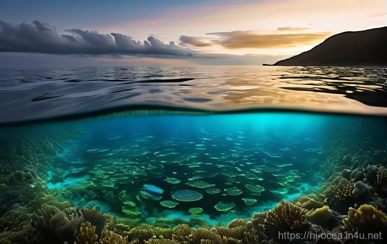 해양 광합성 미생물 활용 - **The Ocean's Breath: A Luminous Life Source**
    A breathtaking, wide-angle shot of a vast, calm o...