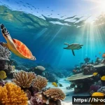 바닷물 화학과 해양 생태 - A vibrant underwater scene showcasing a diverse coral reef ecosystem with bright orange and red cora...