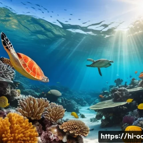 바닷물 화학과 해양 생태 - A vibrant underwater scene showcasing a diverse coral reef ecosystem with bright orange and red cora...