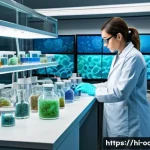 해양 생물의 항생물질 생산 - A detailed scientific laboratory scene showcasing a researcher studying diverse marine organisms und...