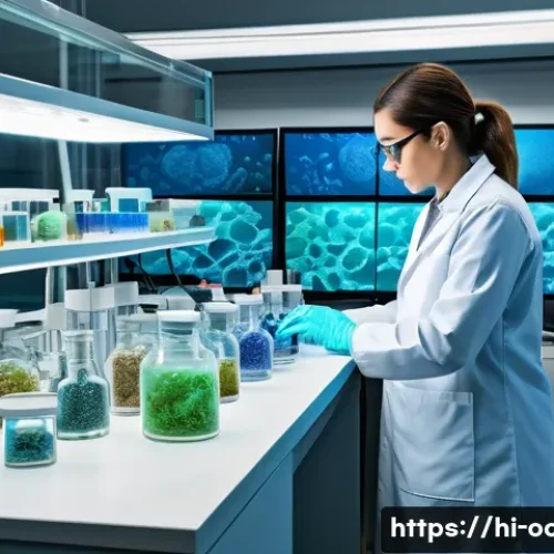 해양 생물의 항생물질 생산 - A detailed scientific laboratory scene showcasing a researcher studying diverse marine organisms und...