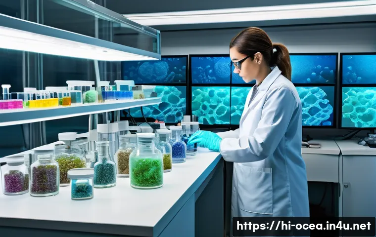 해양 생물의 항생물질 생산 - A detailed scientific laboratory scene showcasing a researcher studying diverse marine organisms und...