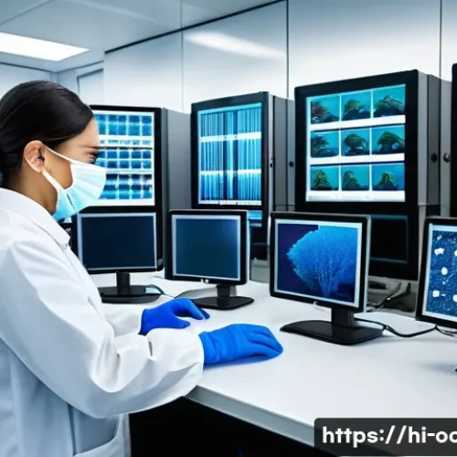 해양환경 DNA 메타바코딩 - A detailed scientific laboratory scene showing researchers in protective clothing analyzing marine D...