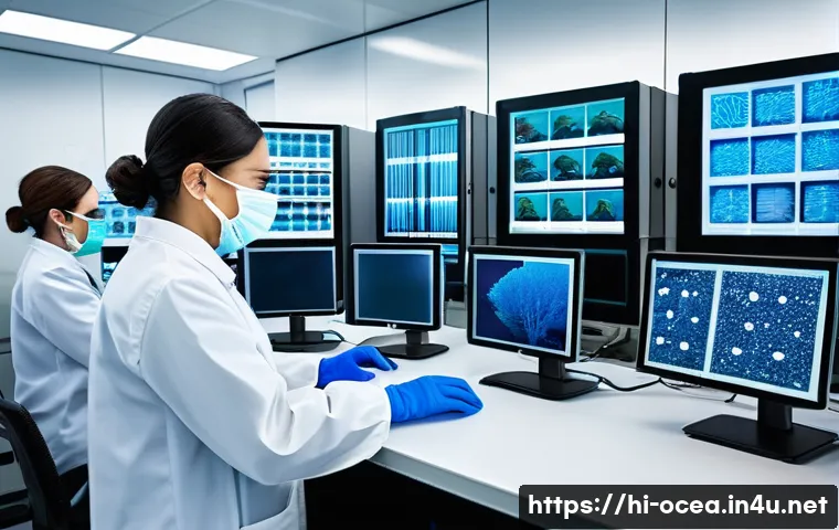 해양환경 DNA 메타바코딩 - A detailed scientific laboratory scene showing researchers in protective clothing analyzing marine D...