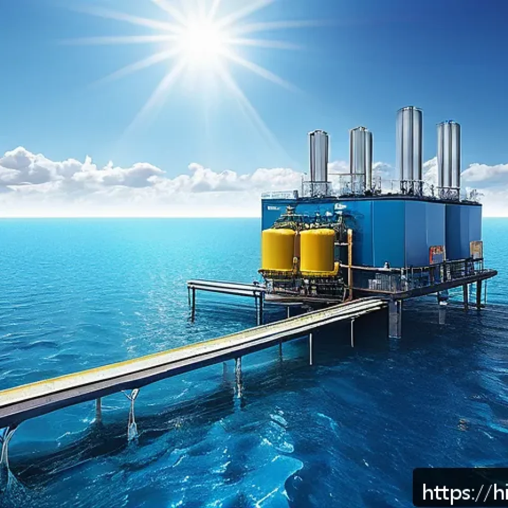 심해 생태계의 에너지 흐름 - A detailed illustration of an Ocean Thermal Energy Conversion (OTEC) system operating in a tropical ...