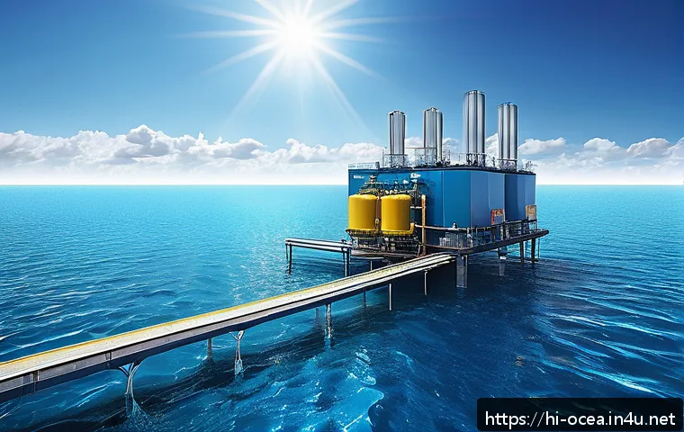 심해 생태계의 에너지 흐름 - A detailed illustration of an Ocean Thermal Energy Conversion (OTEC) system operating in a tropical ...
