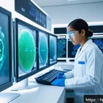 해양 생물 독소 분석 기법 - A highly detailed scientific laboratory scene showing a researcher analyzing marine viruses using ad...