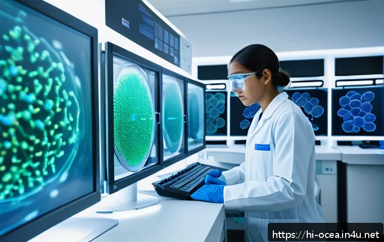 해양 생물 독소 분석 기법 - A highly detailed scientific laboratory scene showing a researcher analyzing marine viruses using ad...