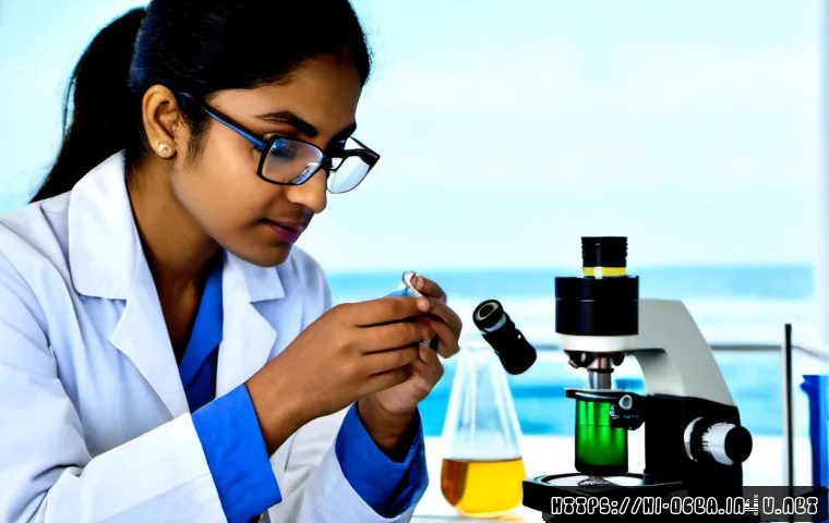 해양 바이러스 연구 - Photorealistic marine virology laboratory, Indian woman scientist in a clean white lab coat and safe...